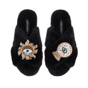 New! LAINES LONDON Classic Slippers With Double Mystic Eye Brooches 5-6 Small